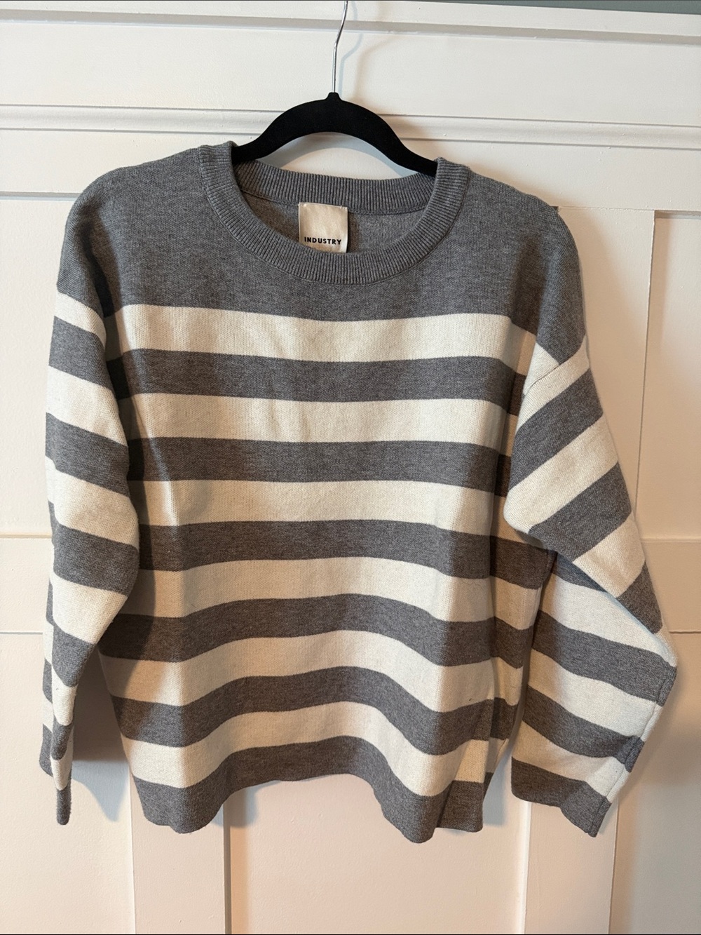 INDUSTRY Grey & Cream Striped Crewneck Sweater